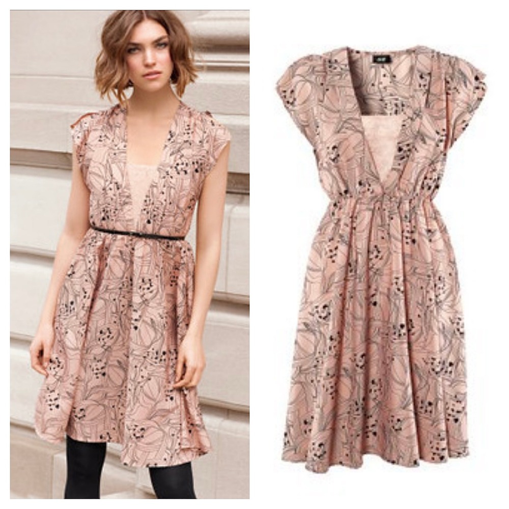 H&M Pink Abstract Print V-Neck Dress with Lace‎ Inset Cap Sleeve Elastic Sz 10